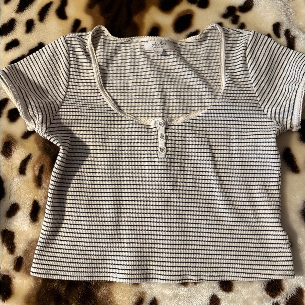 Atelier by Kirious & White Striped Ribbed Henley Crop Top